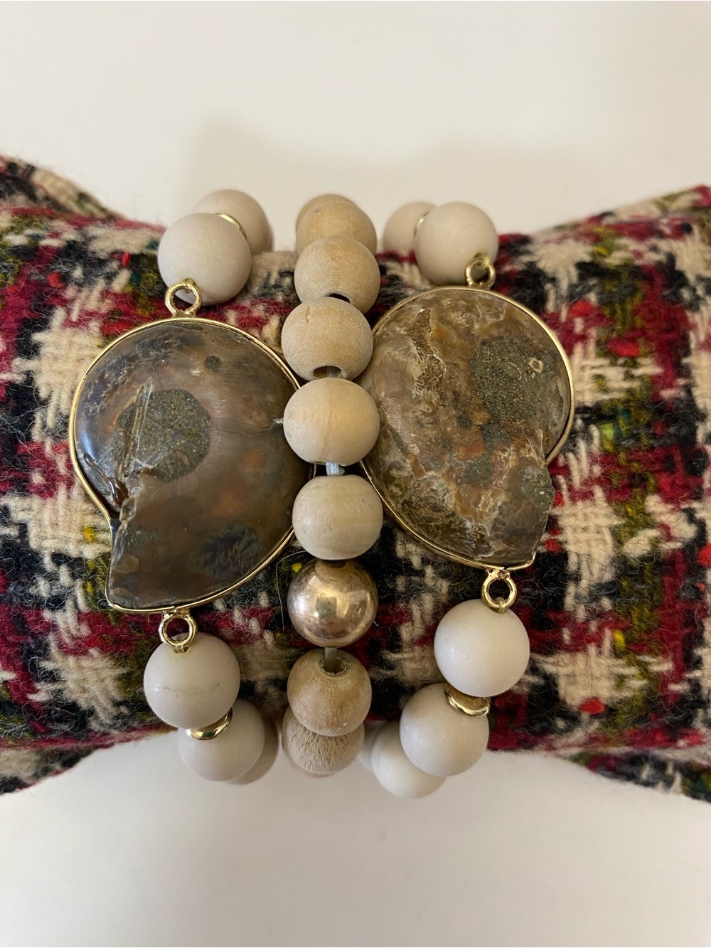 Boho Ammonite Fossil & Natural Wood Bead Stretch Bracelet Set Neutral Set of 3